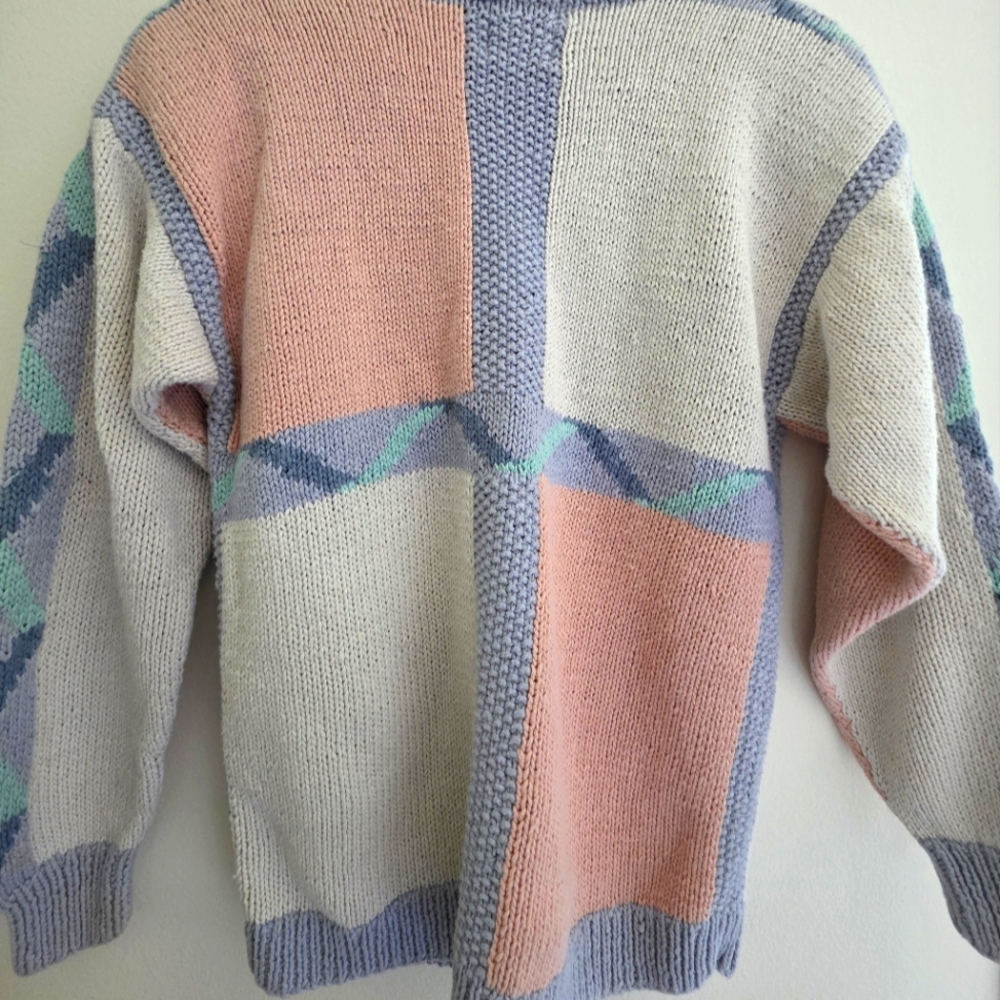 Vintage Evan Picone-Sport Pink and Blue Hand Knit Sweater with Floral Design - Picture 2 of 7